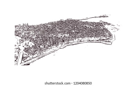 Building view with landmark of Southern Spain, a country on Europe’s Iberian Peninsula, includes diverse geography and cultures. Hand drawn sketch illustration in vector. 