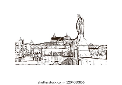 Building view with landmark of Southern Spain, a country on Europe’s Iberian Peninsula, includes diverse geography and cultures. Hand drawn sketch illustration in vector. 
