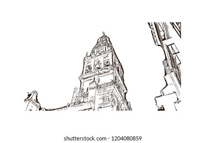 Building view with landmark of Southern Spain, a country on Europe’s Iberian Peninsula, includes diverse geography and cultures. Hand drawn sketch illustration in vector. 