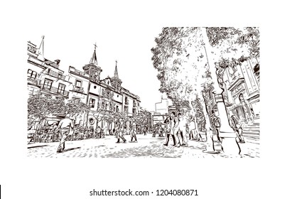 Building view with landmark of Southern Spain, a country on Europe’s Iberian Peninsula, includes diverse geography and cultures. Hand drawn sketch illustration in vector. 