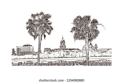 Building view with landmark of Southern Spain, a country on Europe’s Iberian Peninsula, includes diverse geography and cultures. Hand drawn sketch illustration in vector. 