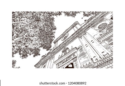 Building view with landmark of Southern Spain, a country on Europe’s Iberian Peninsula, includes diverse geography and cultures. Hand drawn sketch illustration in vector. 