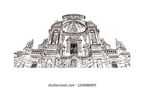 Building view with landmark of Southern Spain, a country on Europe’s Iberian Peninsula, includes diverse geography and cultures. Hand drawn sketch illustration in vector. 