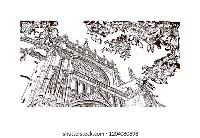 Building view with landmark of Southern Spain, a country on Europe’s Iberian Peninsula, includes diverse geography and cultures. Hand drawn sketch illustration in vector. 