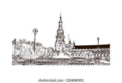 Building view with landmark of Southern Spain, a country on Europe’s Iberian Peninsula, includes diverse geography and cultures. Hand drawn sketch illustration in vector. 