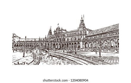 Building view with landmark of Southern Spain, a country on Europe’s Iberian Peninsula, includes diverse geography and cultures. Hand drawn sketch illustration in vector. 