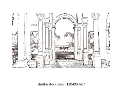 Building view with landmark of Southern Spain, a country on Europe’s Iberian Peninsula, includes diverse geography and cultures. Hand drawn sketch illustration in vector. 