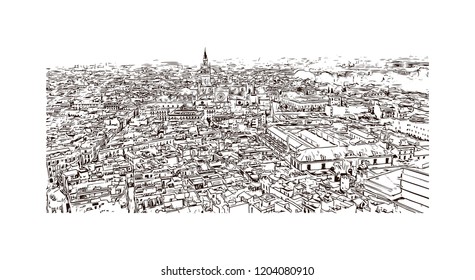 Building view with landmark of Southern Spain, a country on Europe’s Iberian Peninsula, includes diverse geography and cultures. Hand drawn sketch illustration in vector. 