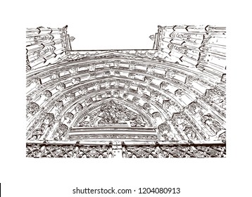 Building view with landmark of Southern Spain, a country on Europe’s Iberian Peninsula, includes diverse geography and cultures. Hand drawn sketch illustration in vector. 