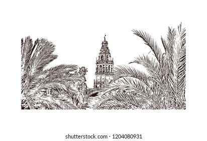 Building view with landmark of Southern Spain, a country on Europe’s Iberian Peninsula, includes diverse geography and cultures. Hand drawn sketch illustration in vector. 