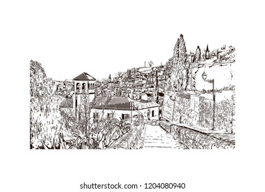 Building view with landmark of Southern Spain, a country on Europe’s Iberian Peninsula, includes diverse geography and cultures. Hand drawn sketch illustration in vector. 