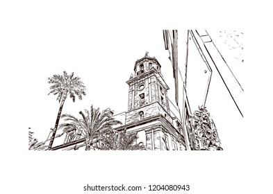 Building view with landmark of Southern Spain, a country on Europe’s Iberian Peninsula, includes diverse geography and cultures. Hand drawn sketch illustration in vector. 