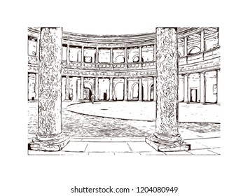 Building view with landmark of Southern Spain, a country on Europe’s Iberian Peninsula, includes diverse geography and cultures. Hand drawn sketch illustration in vector. 