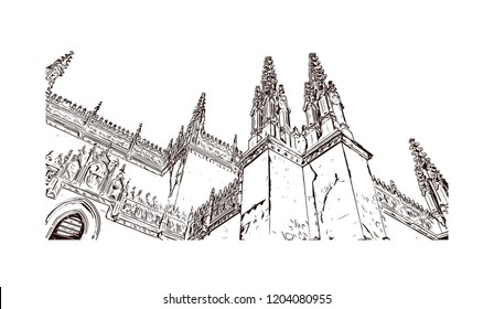 Building view with landmark of Southern Spain, a country on Europe’s Iberian Peninsula, includes diverse geography and cultures. Hand drawn sketch illustration in vector. 