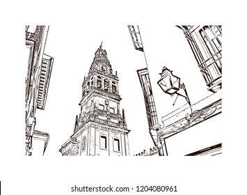 Building view with landmark of Southern Spain, a country on Europe’s Iberian Peninsula, includes diverse geography and cultures. Hand drawn sketch illustration in vector. 