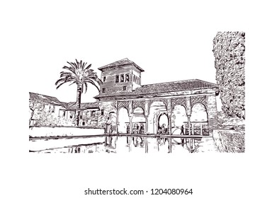 Building view with landmark of Southern Spain, a country on Europe’s Iberian Peninsula, includes diverse geography and cultures. Hand drawn sketch illustration in vector. 