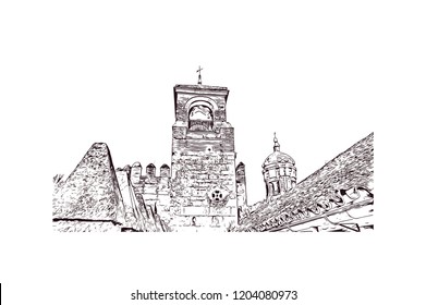 Building view with landmark of Southern Spain, a country on Europe’s Iberian Peninsula, includes diverse geography and cultures. Hand drawn sketch illustration in vector. 