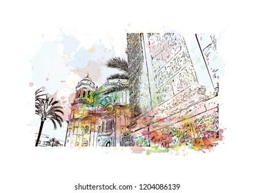 Building view with landmark of Southern Spain. Watercolor splash with hand drawn sketch illustration in vector.