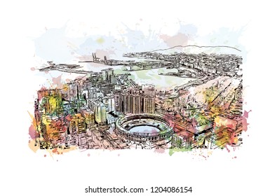 Building view with landmark of Southern Spain. Watercolor splash with hand drawn sketch illustration in vector.