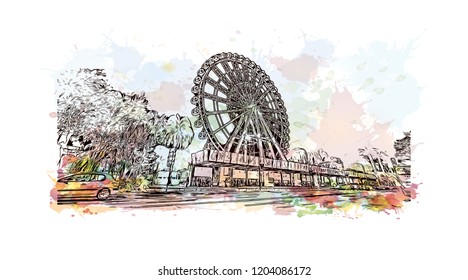 Building view with landmark of Southern Spain. Watercolor splash with hand drawn sketch illustration in vector.