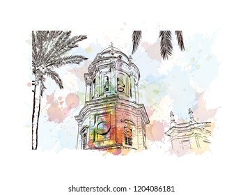 Building view with landmark of Southern Spain. Watercolor splash with hand drawn sketch illustration in vector.