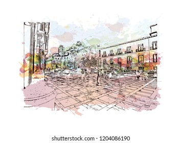 Building view with landmark of Southern Spain. Watercolor splash with hand drawn sketch illustration in vector.