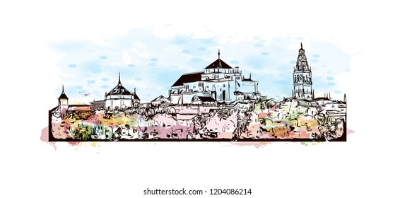 Building view with landmark of Southern Spain. Watercolor splash with hand drawn sketch illustration in vector.