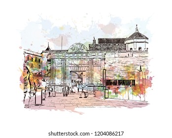 Building view with landmark of Southern Spain. Watercolor splash with hand drawn sketch illustration in vector.