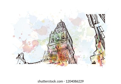 Building view with landmark of Southern Spain. Watercolor splash with hand drawn sketch illustration in vector.