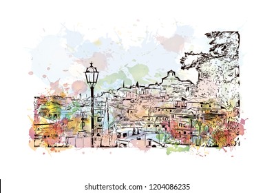 Building view with landmark of Southern Spain. Watercolor splash with hand drawn sketch illustration in vector.