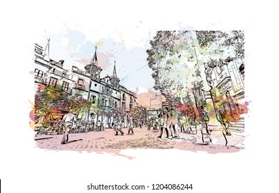 Building view with landmark of Southern Spain. Watercolor splash with hand drawn sketch illustration in vector.