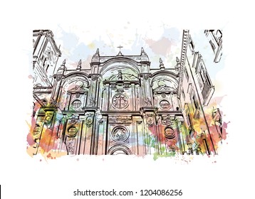 Building view with landmark of Southern Spain. Watercolor splash with hand drawn sketch illustration in vector.