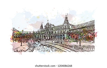 Building view with landmark of Southern Spain. Watercolor splash with hand drawn sketch illustration in vector.