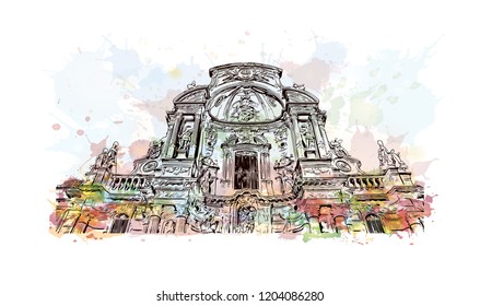 Building view with landmark of Southern Spain. Watercolor splash with hand drawn sketch illustration in vector.