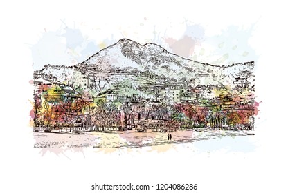 Building view with landmark of Southern Spain. Watercolor splash with hand drawn sketch illustration in vector.