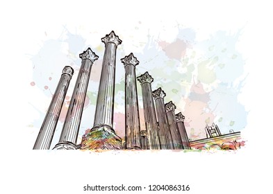 Building view with landmark of Southern Spain. Watercolor splash with hand drawn sketch illustration in vector.