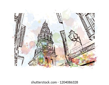 Building view with landmark of Southern Spain. Watercolor splash with hand drawn sketch illustration in vector.