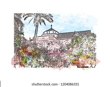 Building view with landmark of Southern Spain. Watercolor splash with hand drawn sketch illustration in vector.