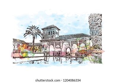 Building view with landmark of Southern Spain. Watercolor splash with hand drawn sketch illustration in vector.