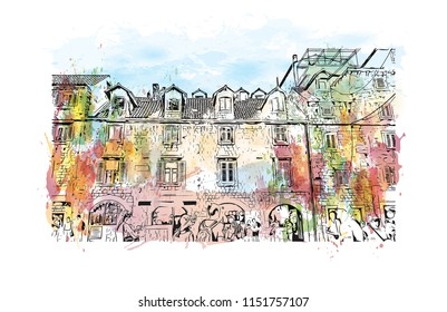 Building view with landmark of Split City in Croatia. Watercolor splash with hand drawn sketch illustration in vector.