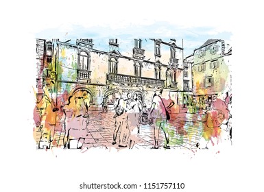 Building view with landmark of Split City in Croatia. Watercolor splash with hand drawn sketch illustration in vector.