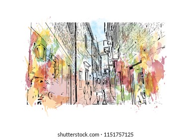 Building view with landmark of Split City in Croatia. Watercolor splash with hand drawn sketch illustration in vector.