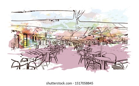 Building view with landmark of Sremski Karlovci is a town and municipality located in the South Backa District of the autonomous province of Vojvodina, Serbia. Watercolor Hand drawn sketch in vector