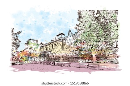 Building view with landmark of Sremski Karlovci is a town and municipality located in the South Backa District of the autonomous province of Vojvodina, Serbia. Watercolor Hand drawn sketch in vector