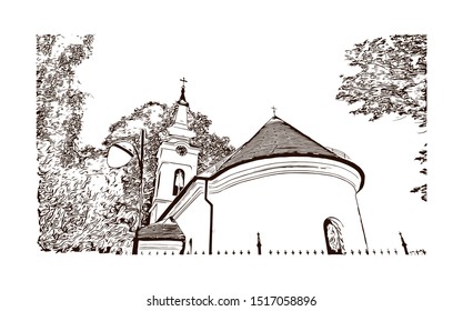 Building view with landmark of Sremski Karlovci is a town and municipality located in the South Backa District of the autonomous province of Vojvodina, Serbia. Hand drawn sketch illustration in vector