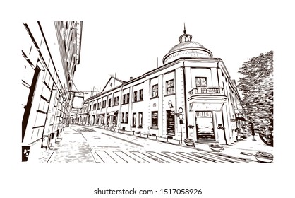 Building view with landmark of Sremski Karlovci is a town and municipality located in the South Backa District of the autonomous province of Vojvodina, Serbia. Hand drawn sketch illustration in vector
