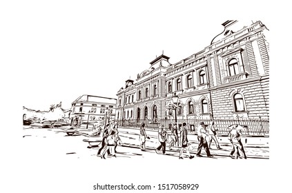 Building view with landmark of Sremski Karlovci is a town and municipality located in the South Backa District of the autonomous province of Vojvodina, Serbia. Hand drawn sketch illustration in vector