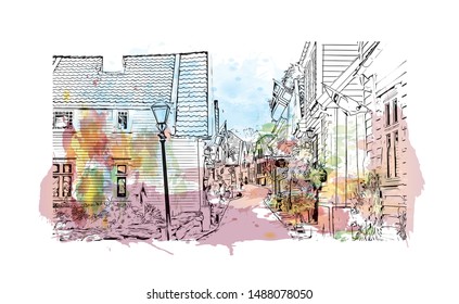 Building view with landmark of Stavanger is a city in southwestern Norway. Watercolor splash with Hand drawn sketch illustration in vector.