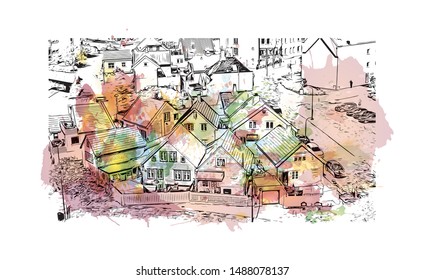 Building view with landmark of Stavanger is a city in southwestern Norway. Watercolor splash with Hand drawn sketch illustration in vector.