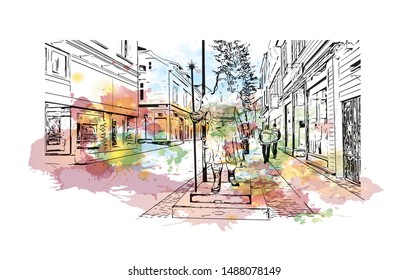 Building view with landmark of Stavanger is a city in southwestern Norway. Watercolor splash with Hand drawn sketch illustration in vector.